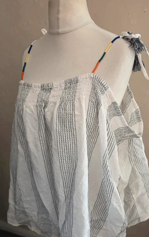 JD Williams White & Black Striped Tie Sleeve Drawstring Cami Top Size 28