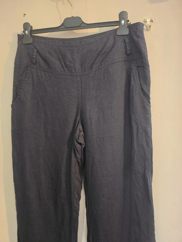 Solar Navy Blue High Waisted Flared 100% Linen Trousers Size UK 12 / EU 40
