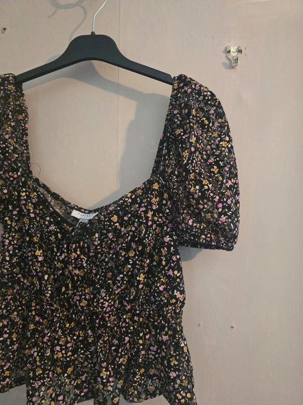 Topshop Black Floral Multicoloured Netted Tie Front Crop Peplum Top Size 10