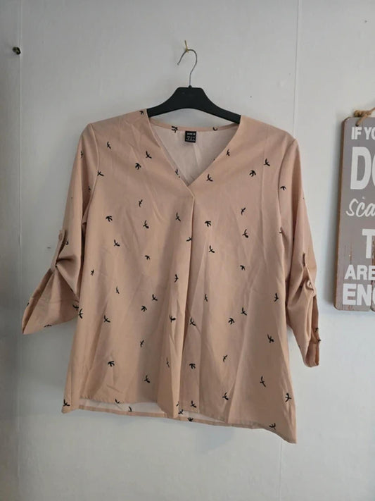 Shein Beige Bird Print Blouse - Med Size 10-12