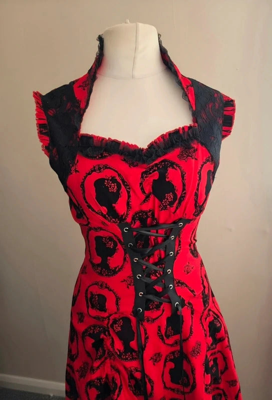 Jawbreaker Red & Black Gothic Cameo Silhouette Midi Dress Punk