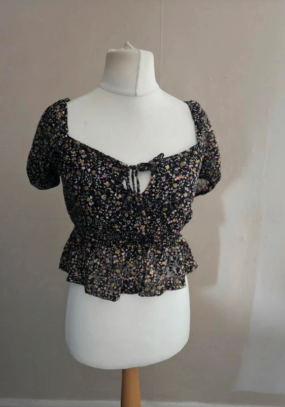 Topshop Black Floral Multicoloured Netted Tie Front Crop Peplum Top Size 10