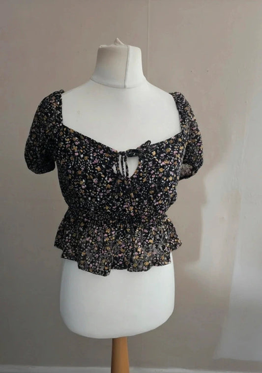 Topshop Black Floral Multicoloured Netted Tie Front Crop Peplum Top Size 10