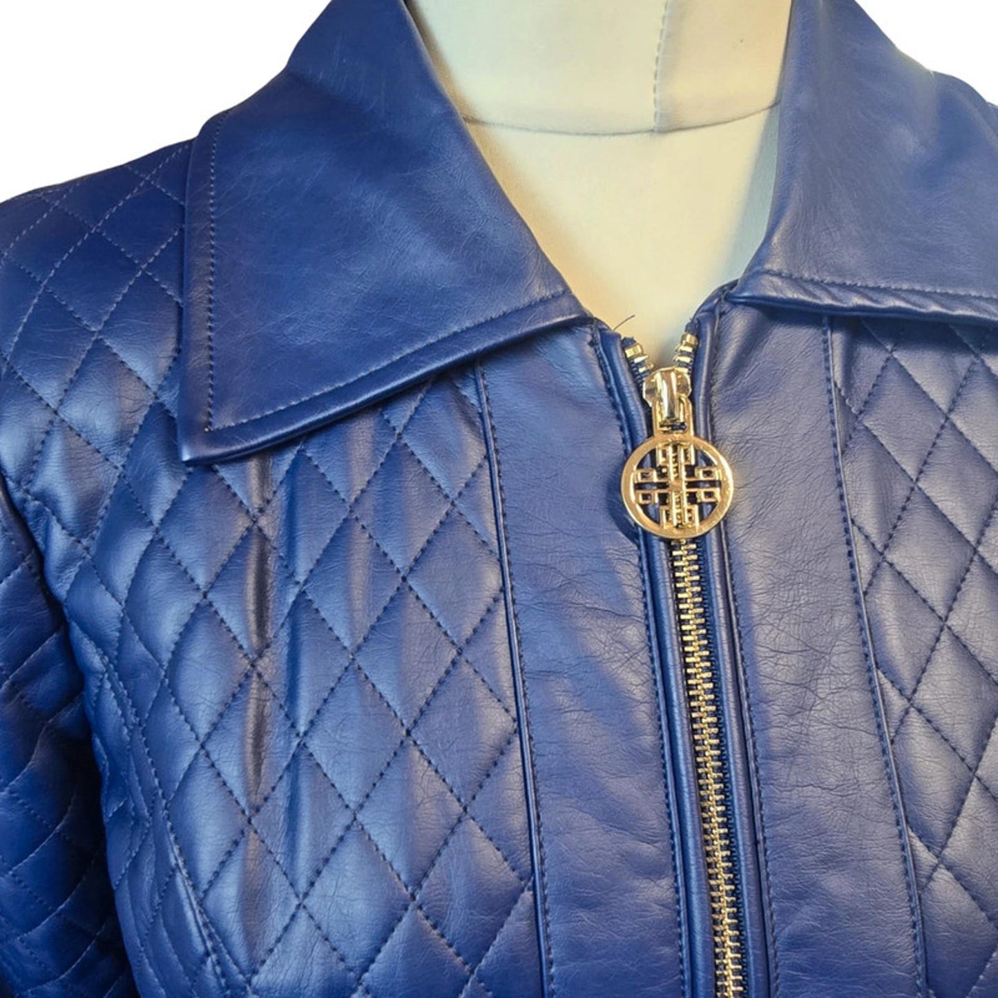 Dennis Basso Quilted Faux Leather Jacket Blue Size 8/10 Mid Length Zip Up