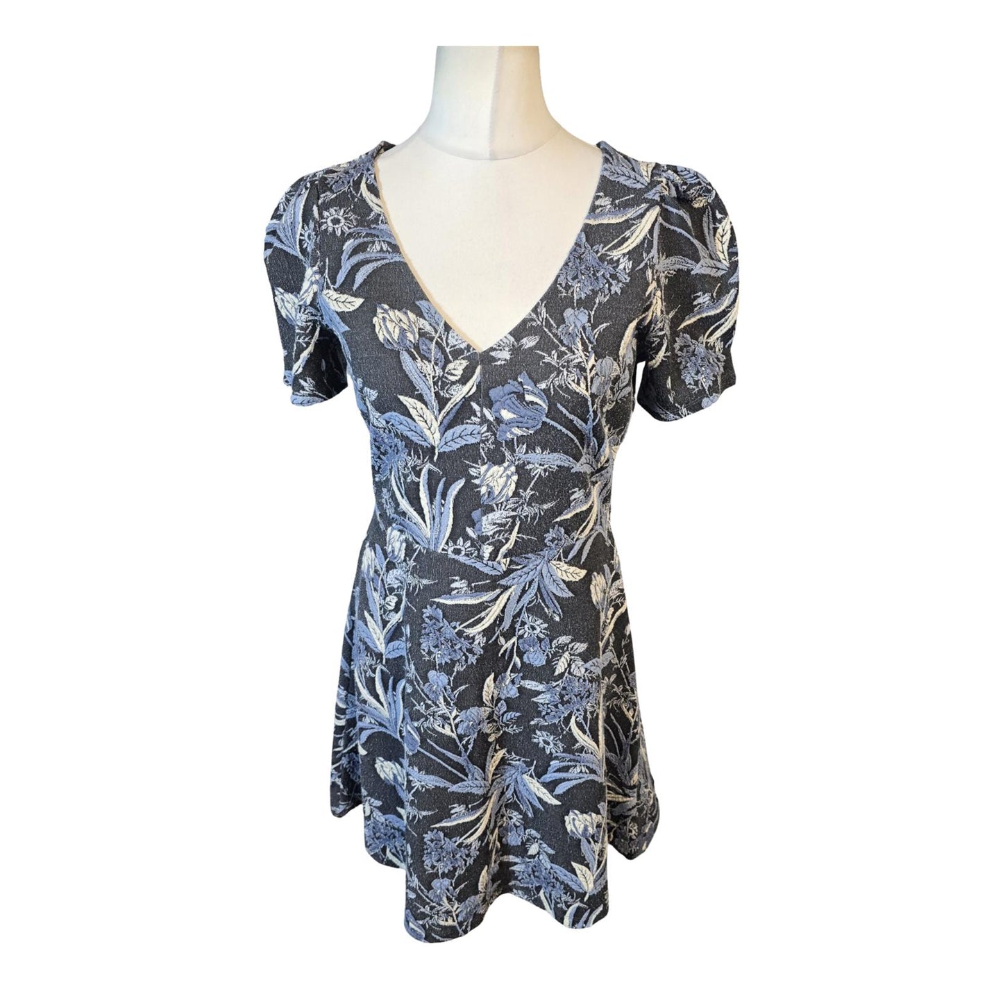 Next Blue & Navy Floral Flared Knee-Length Dress Size 12 Reg Short Sleeve