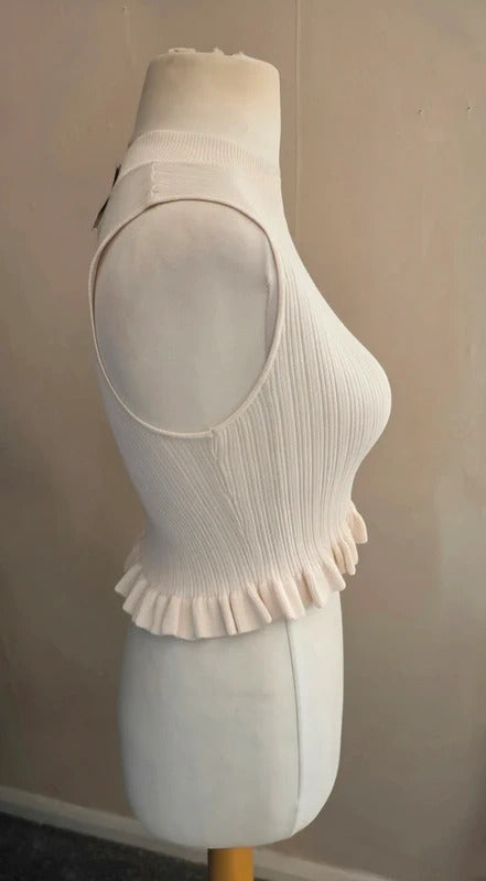Topshop Petite Cream Ribbed Crop Top Size 12 NWT Sleeveless Frill Hem