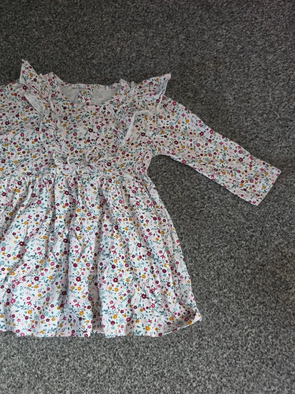 Matalan Baby Girls White Floral Frill Long Sleeve Cotton Dress 6-9 Months