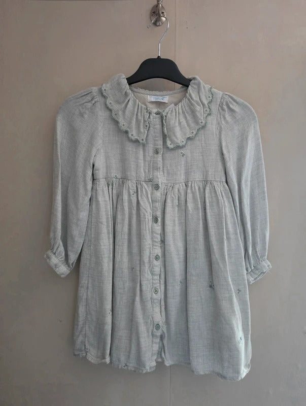 Primark Girls Light Sage Green Frilled Collar Floral Dress Age 6-7 Years