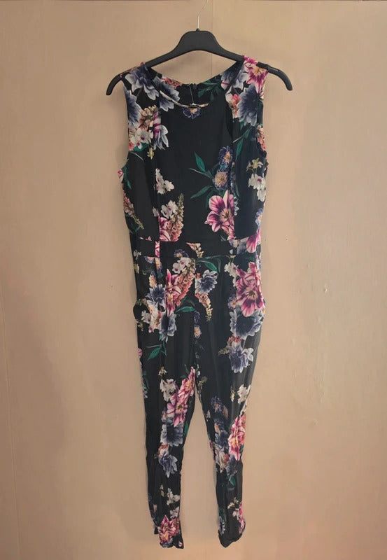 Wallis Black Multicoloured Floral Cut-Out Sleeveless Jumpsuit Size 10