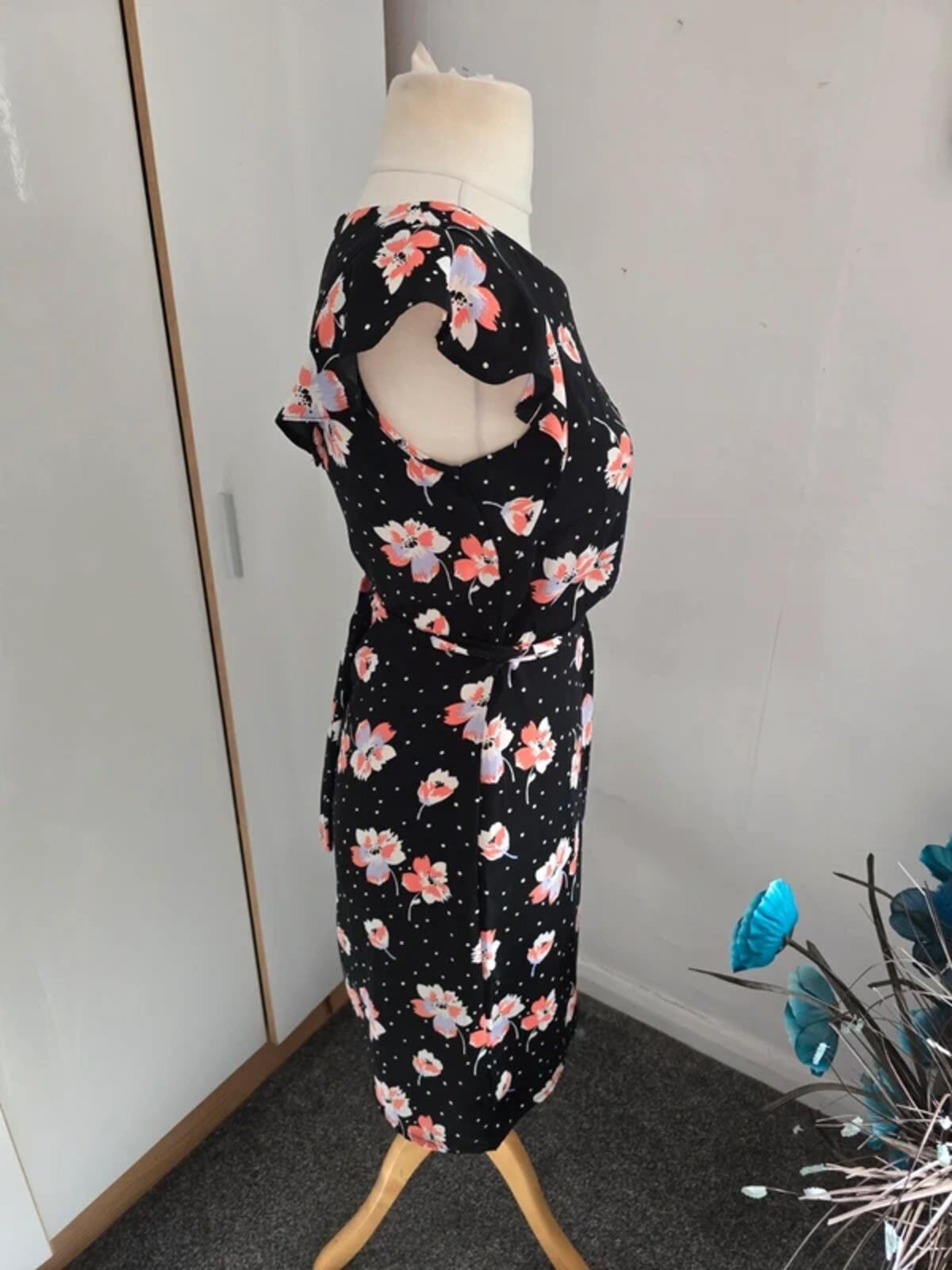 Roman Black Floral & Polka Dot Flared Midi Dress Size 10