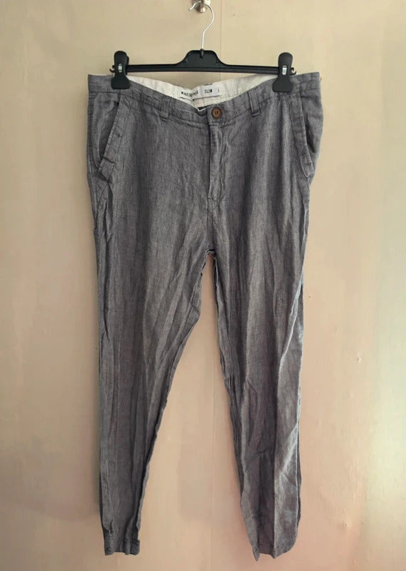 Primark Men’s Grey 100% Linen Slim Fit Chino Trousers W36 L30