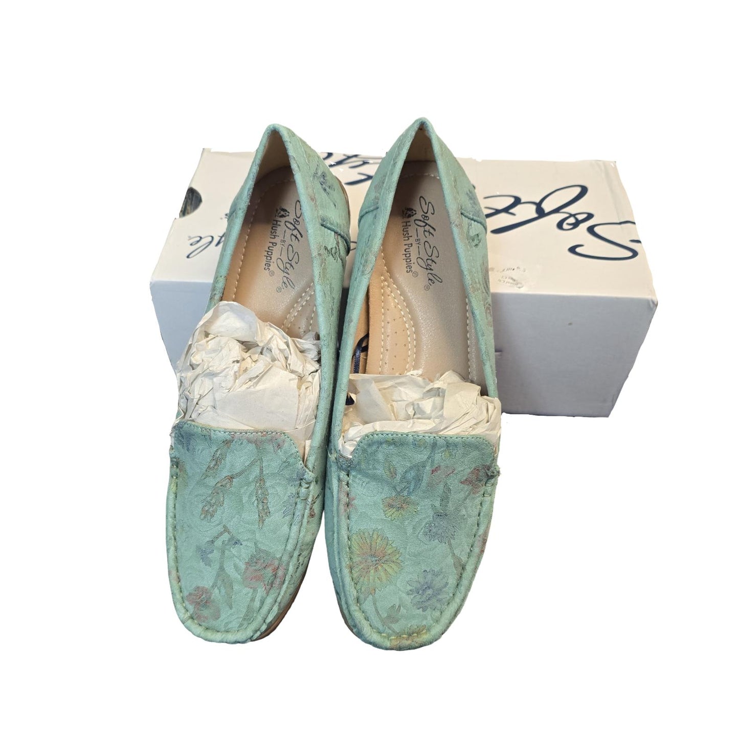 Hush Puppies Soft Style Loafers Aqua Green Size 7 'Kinsey' Floral New In Box