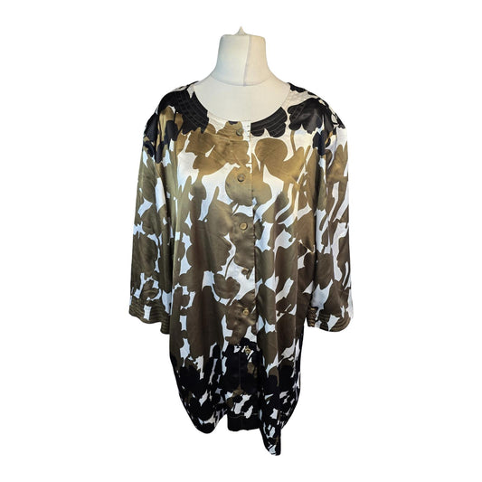 Elvi Tunic Top Khaki Black & White Size 26 Floral Button Up Spring