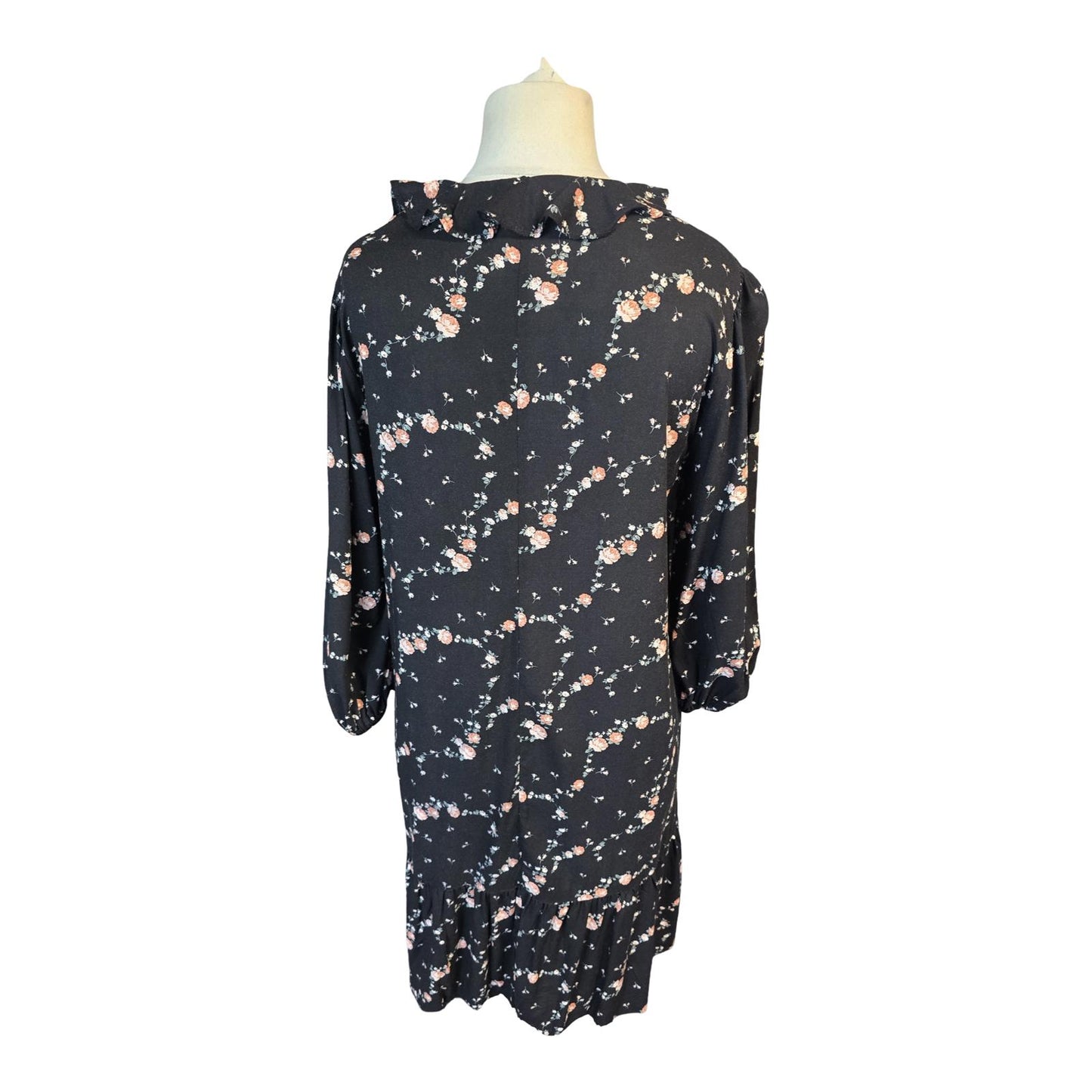 Primark Black Floral Frill Collar Dress Size 10