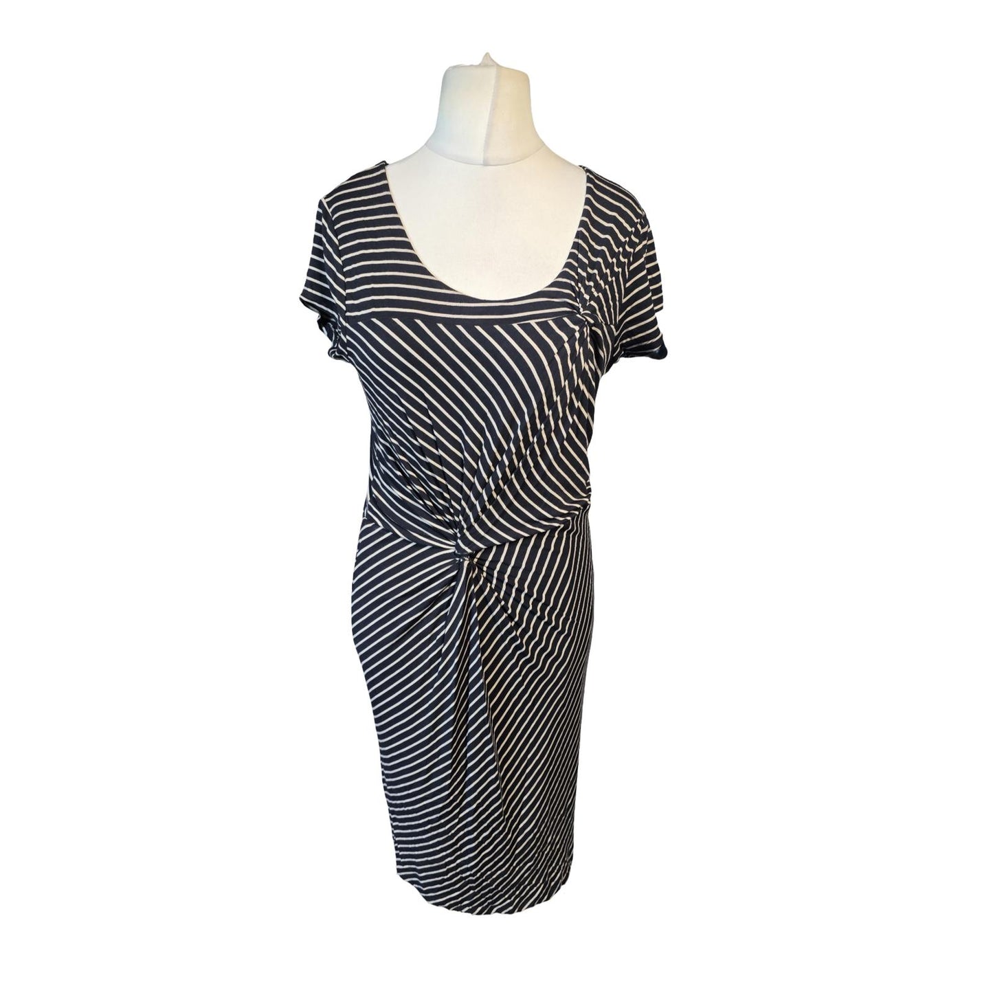 Laura Ashley Dress Black & Beige Striped Knotted Causal Weekend Size 14