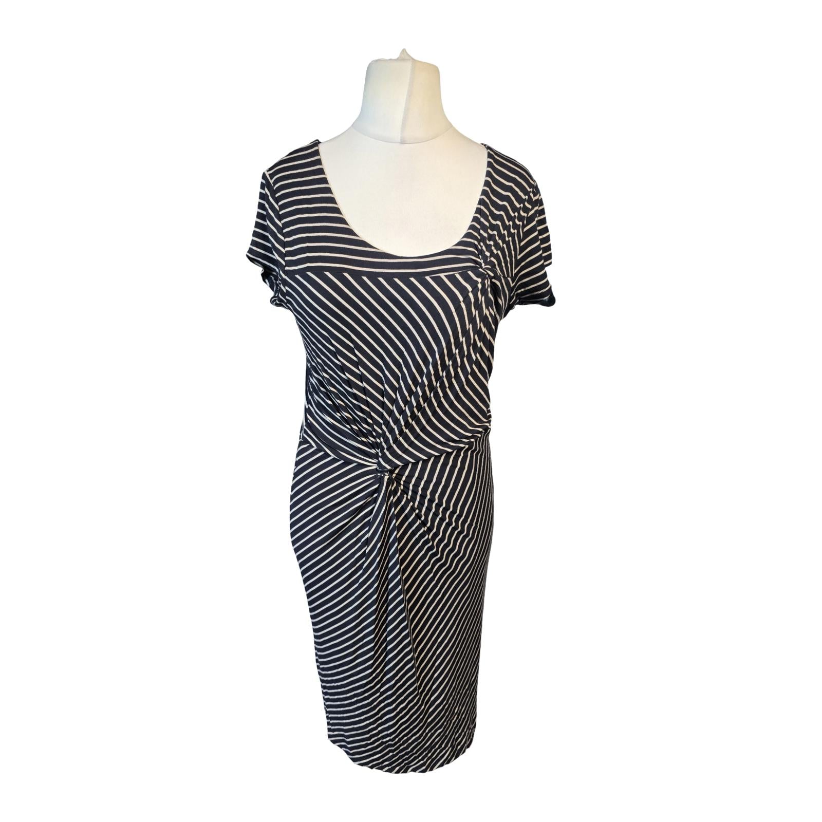 Laura Ashley Dress Black & Beige Striped Knotted Causal Weekend Size 14