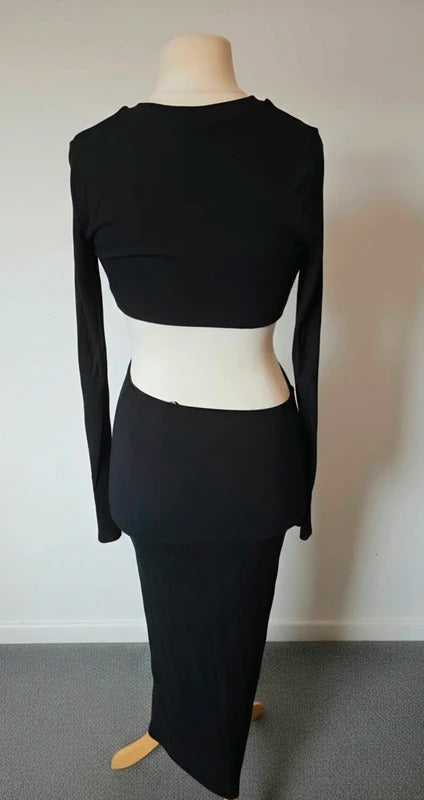AFRM Black Ribbed Bodycon Midi Dress Long Sleeve Cut Out Size S UK 8–10