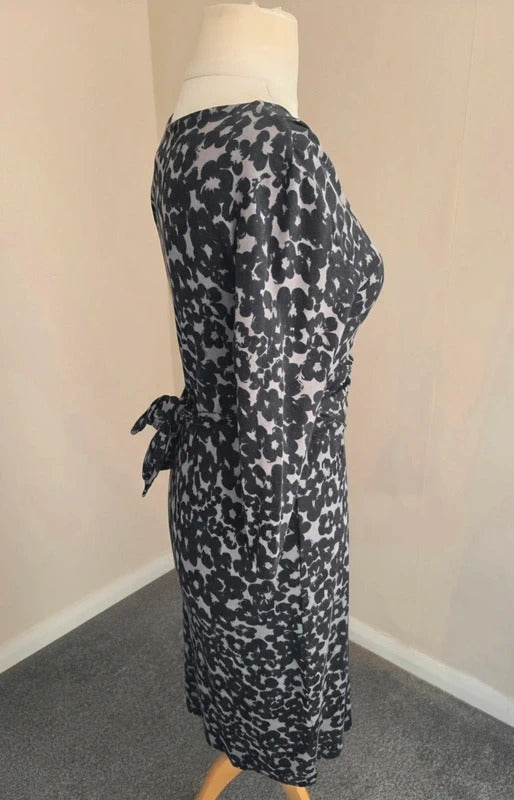 Monsoon Women's Black & Grey Floral Wrap-Front Midi Dress Size 12