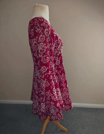 Brave Soul Burgundy White Floral Dress Size 10/12 Long Flared Sleeves Boho Style