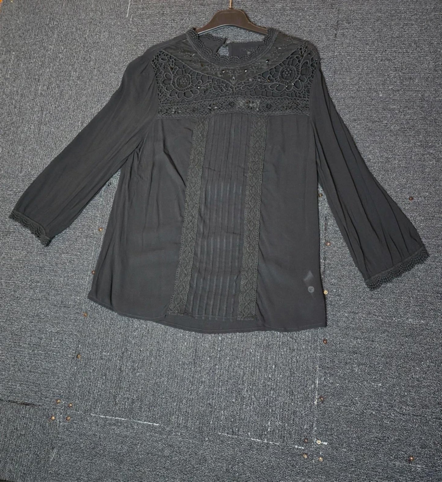Monsoon Blouse Black Size 12 Lace 3/4 Sleeves New Work Formal