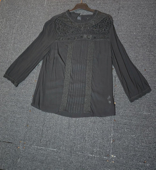 Monsoon Blouse Black Size 12 Lace 3/4 Sleeves New Work Formal