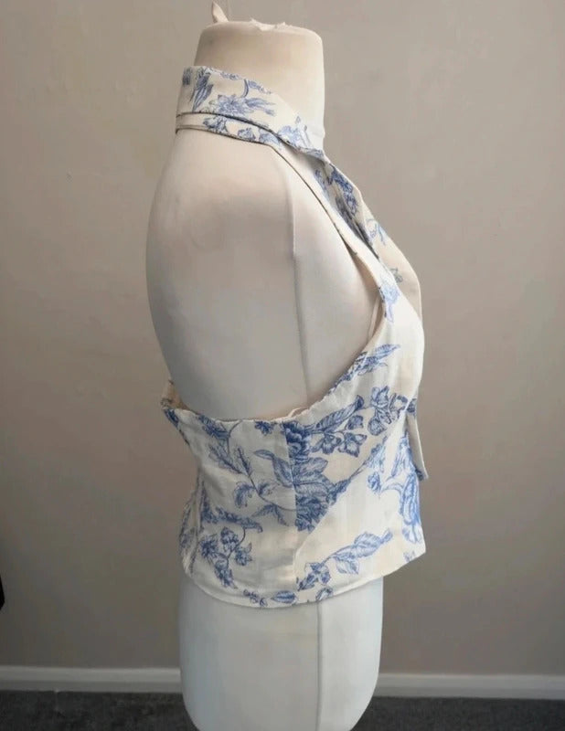 Mango Blue & White Floral Halterneck Collared Top NWT M Size 10