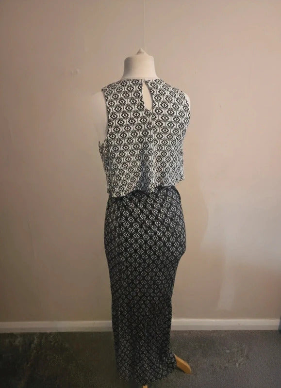 Miss Selfridge Black & White Patterned Layered Top Bodycon Maxi Dress Size 12
