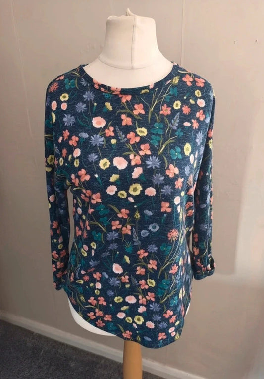 Marks & Spencer Navy Floral Lightweight Relaxed Jumper Linen Blend Size 12