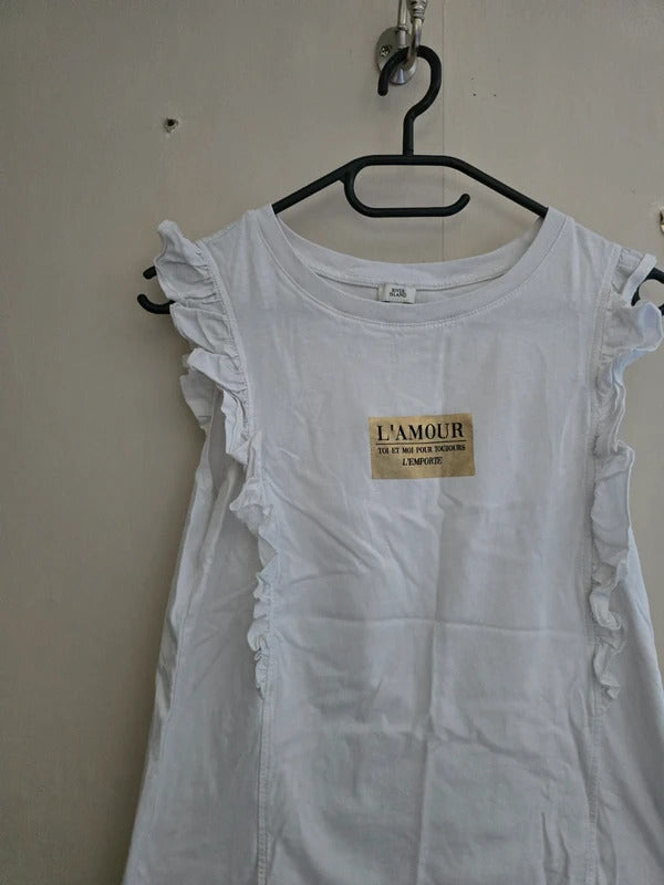 River Island White Frilly Short Sleeved Cotton T-Shirt Size 10 (Fits 6-8)