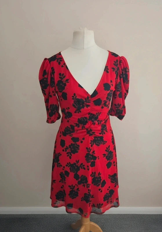 Collusion Red & Black Floral Ruched Mini Dress Size 12