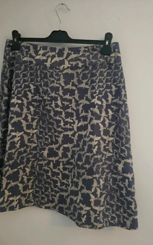 White Stuff Reversible Skirt 10 Blue Cream Bird Print Burgundy Floral 100 Cotton