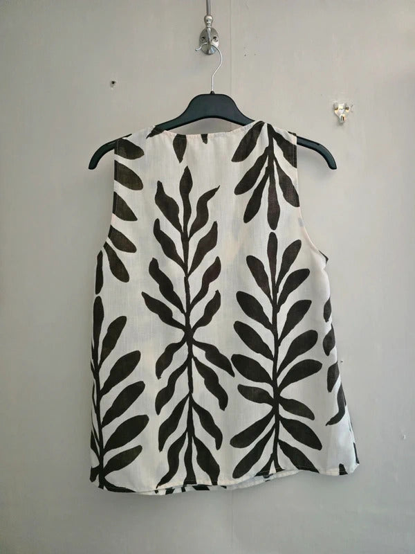 Primark Beige & Brown Leaf Pattern V-Neck Sleeveless Vest Top Size 10