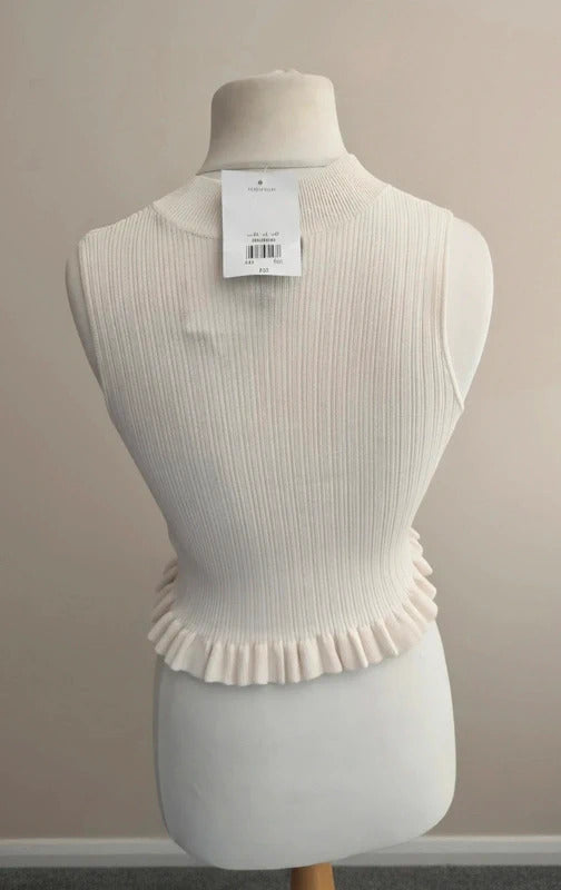 Topshop Petite Cream Ribbed Crop Top Size 12 NWT Sleeveless Frill Hem