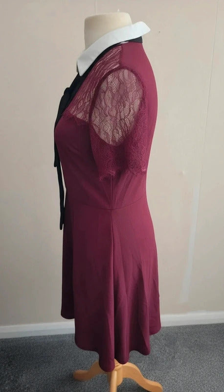 Blue Vanilla Burgundy Lace Sleeve White Collar Tie Midi Dress NWT Size 12