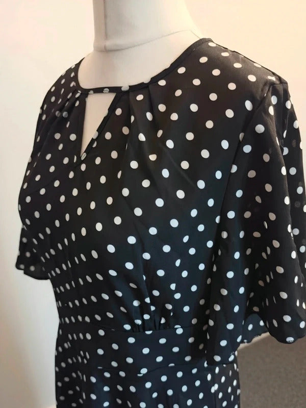 Emery Rose Black & White Polka Dot Asymmetric Dress –  L (Size 12)