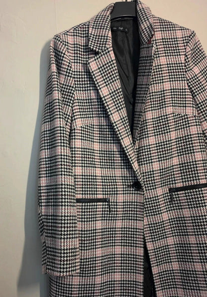 F&F Black Pink & White Checked Tweed Longline Blazer Coat Size 16