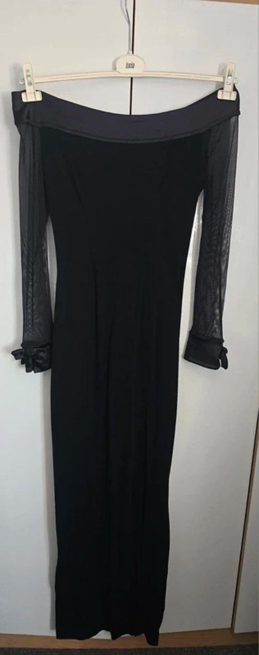 Tadaski Vintage 80s Black Off-Shoulder Maxi Dress – Sheer Sleeves Designer