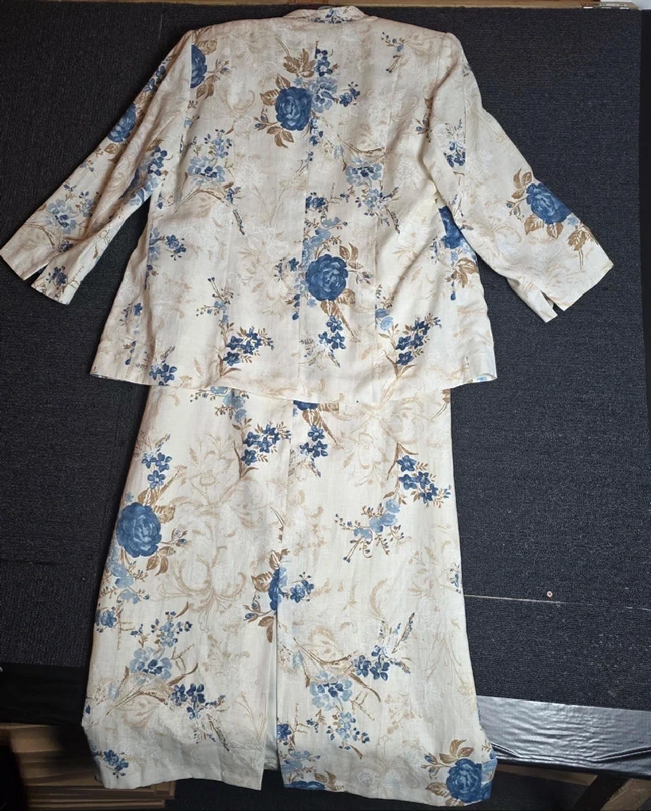 Bianco Mother of the Bride/Groom Cream Blue Floral Linen Dress & Blazer Set  Size 14