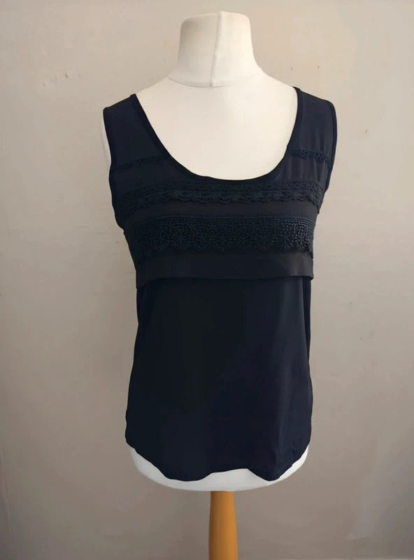 Warehouse Black Lace-Trimmed Sleeveless Vest Top Size 12