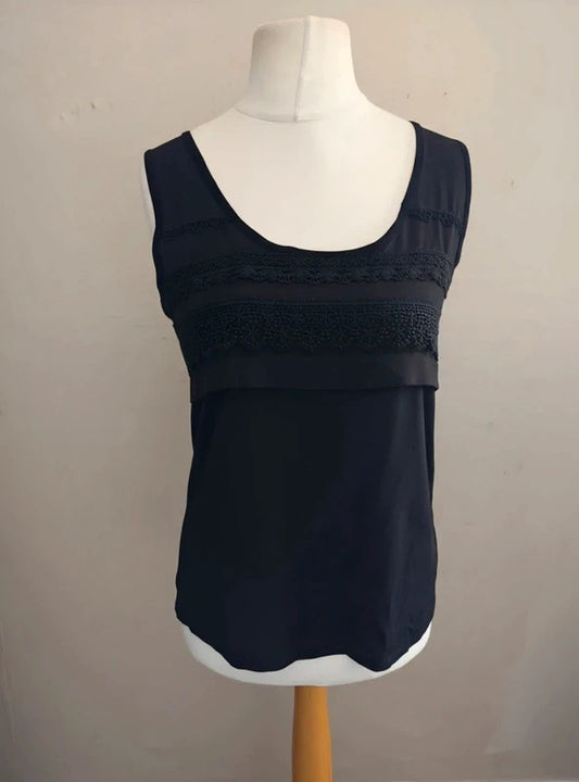 Warehouse Black Lace-Trimmed Sleeveless Vest Top Size 12