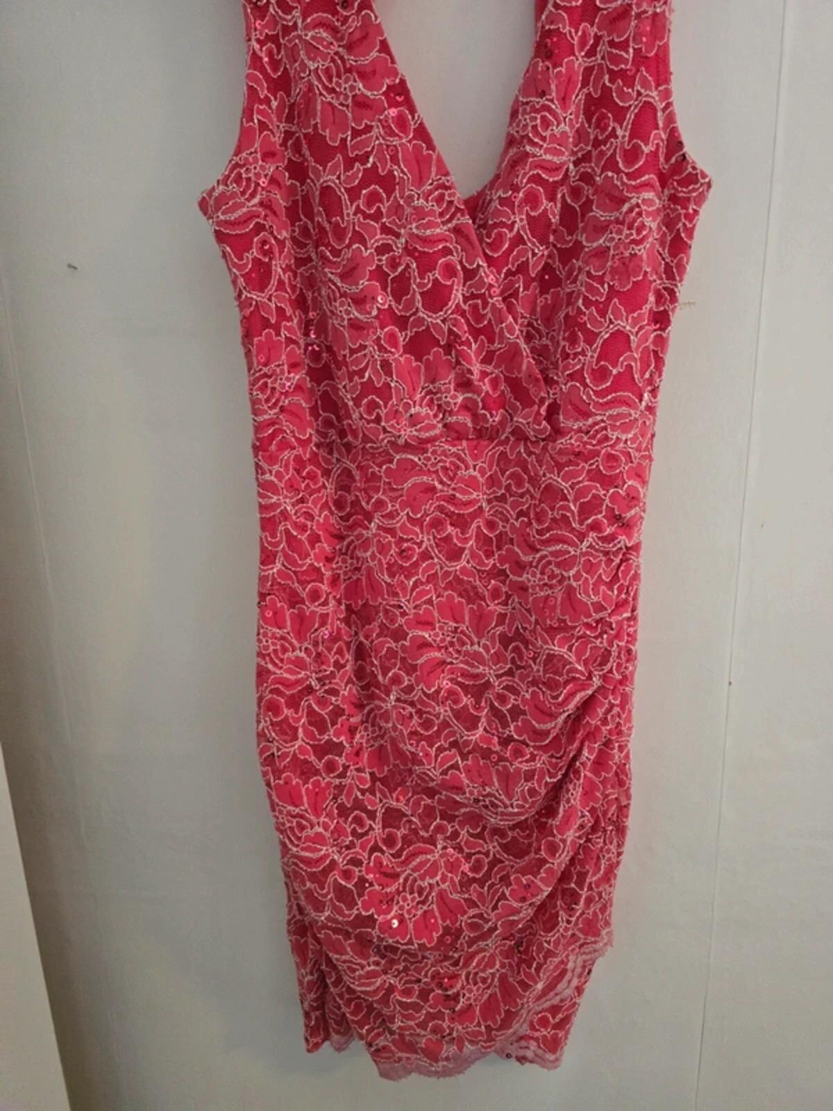 Lipsy Pink & White Sequin Lace Ruched Bodycon Dress Size 12
