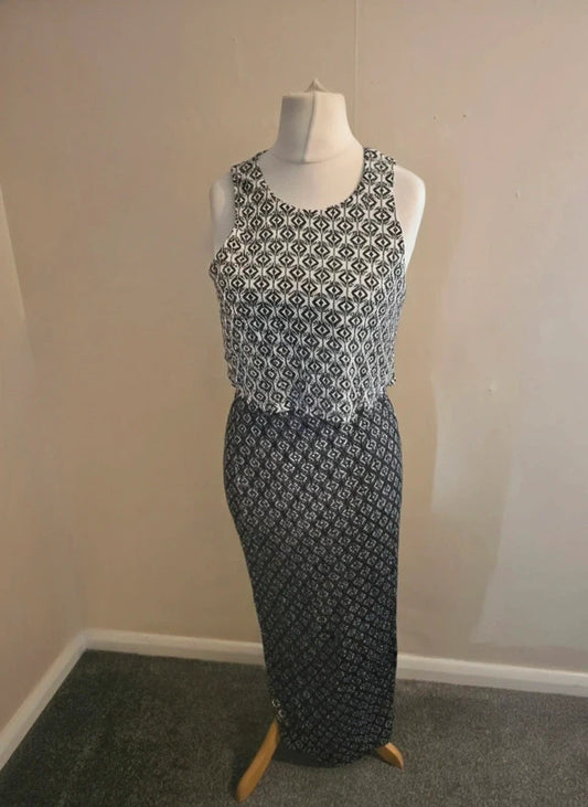 Miss Selfridge Black & White Patterned Layered Top Bodycon Maxi Dress Size 12