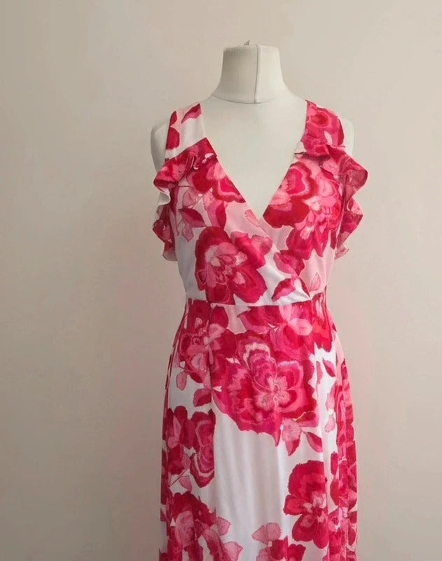 Boohoo W Collection Pink Floral Belted V-Neck Flared Maxi Dress Size 10