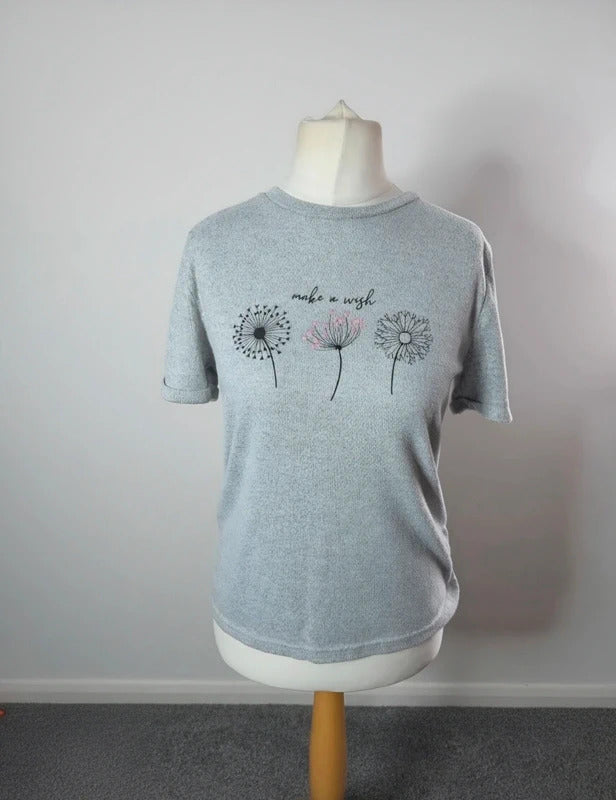Jeff & Co Grey Dandelion Make a Wish Graphic T-Shirt Short Sleeve Size 8-10