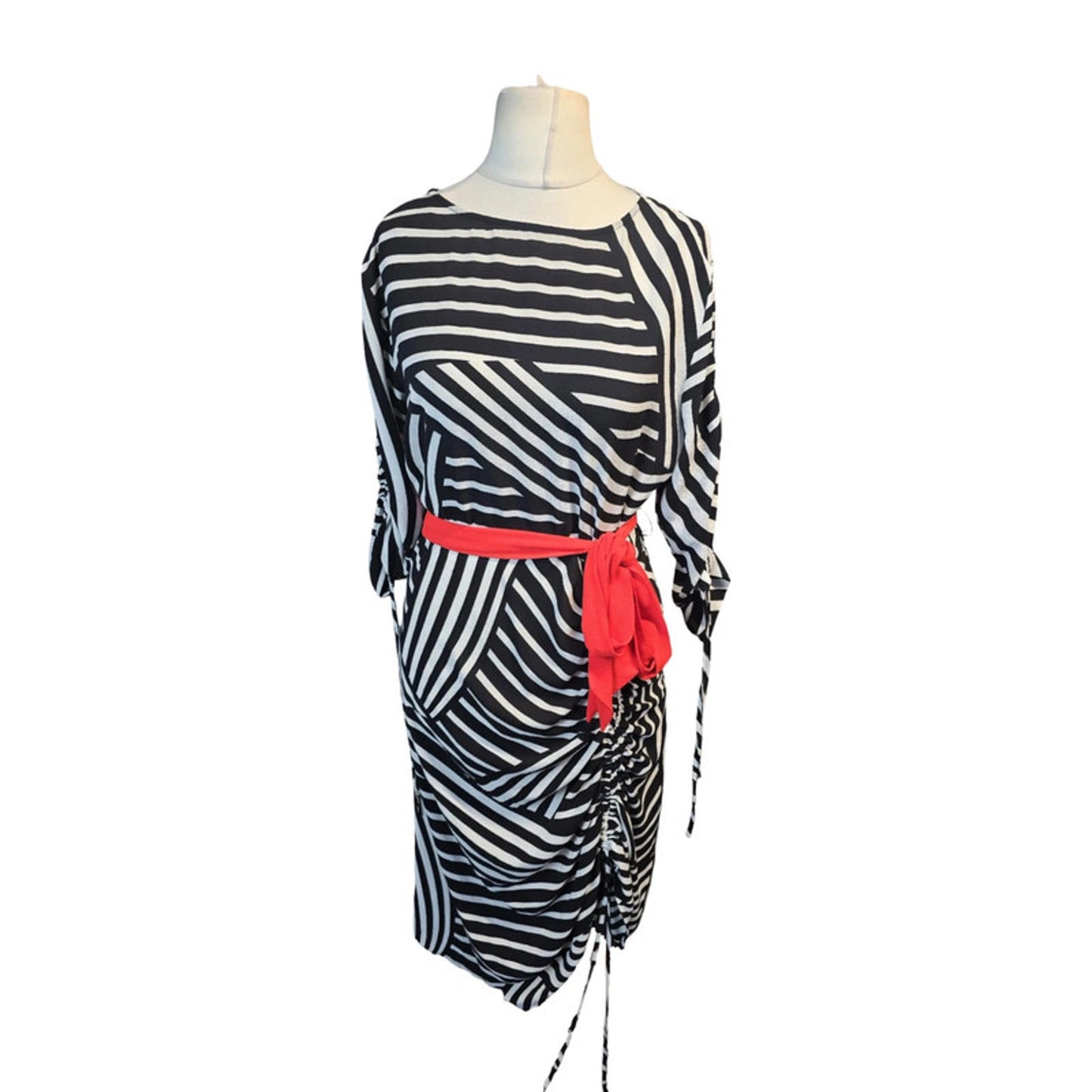 Studio by Preen Stripe Midi Dress Black White Size 12 Ruched Detail & Red Belt