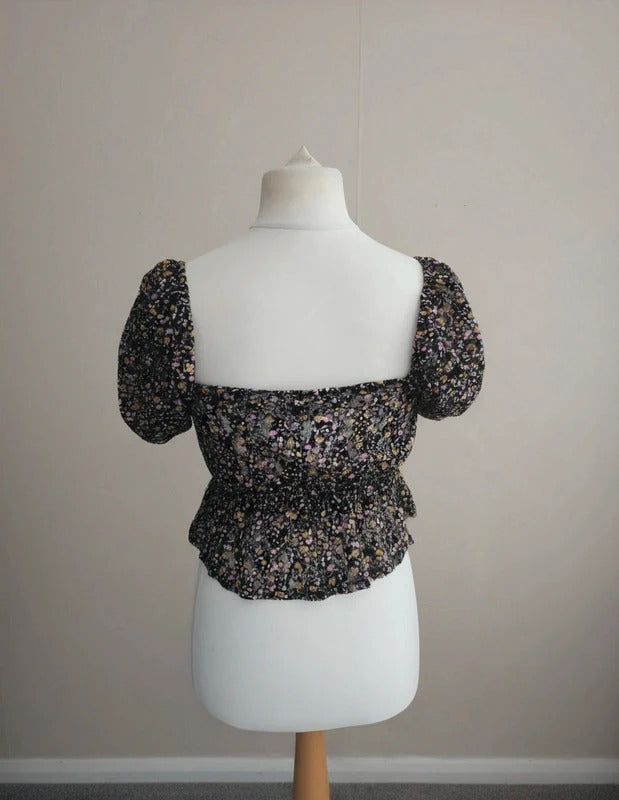 Topshop Black Floral Multicoloured Netted Tie Front Crop Peplum Top Size 10