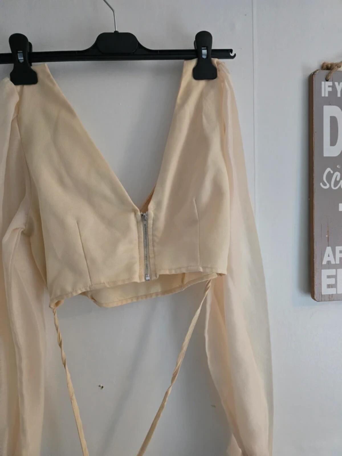 Boohoo Cream Long Sleeved Sheer Crop Top  - Size 8