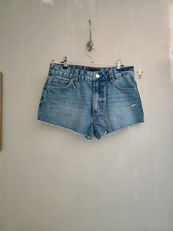 ASOS Blue Denim Mini Hotpants Shorts with Frayed Hem Size 6 Petite