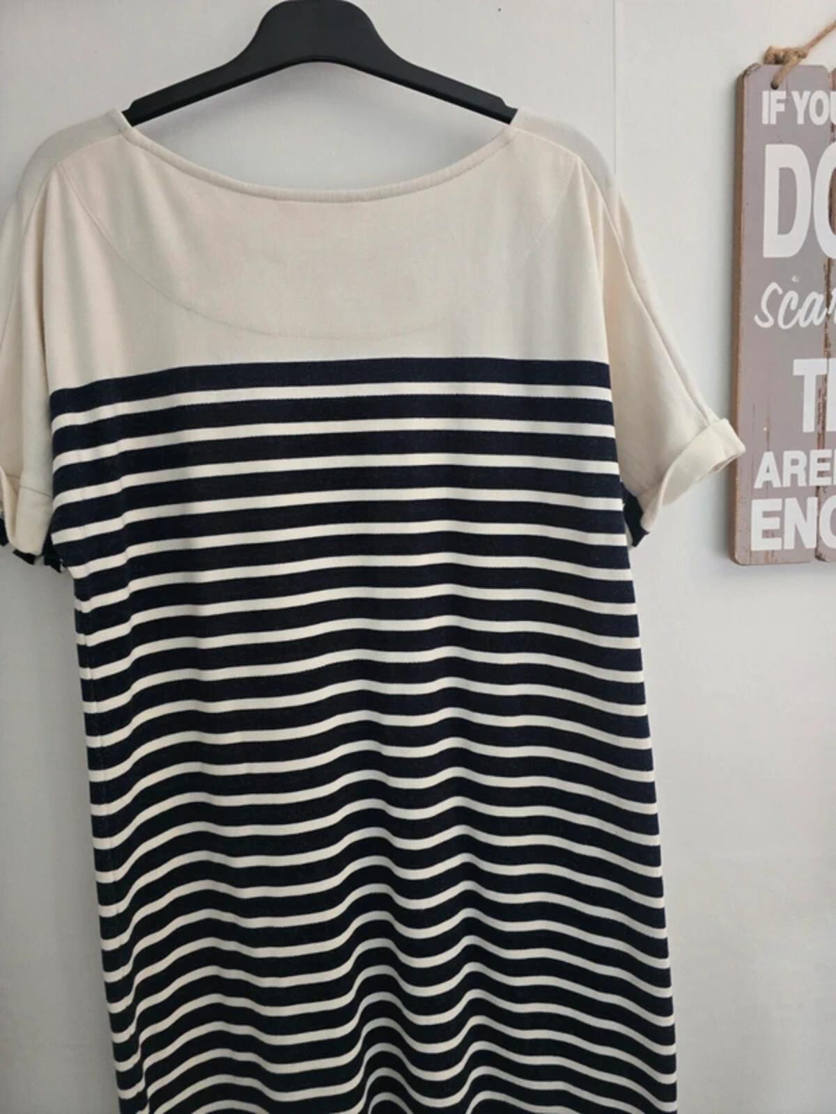 White Stuff Cream & Navy Striped Short Sleeved Midi Dress - Size 12