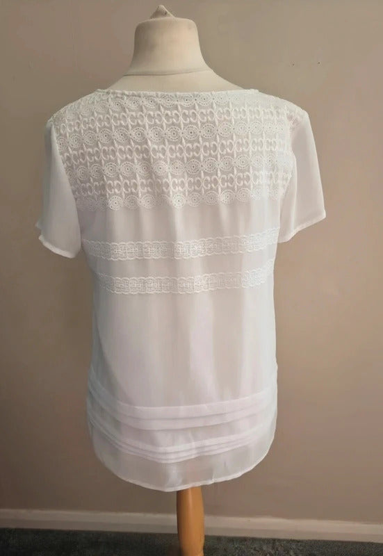 Per Una White Lace Detail Short Sleeved Sheer Blouse Size 14